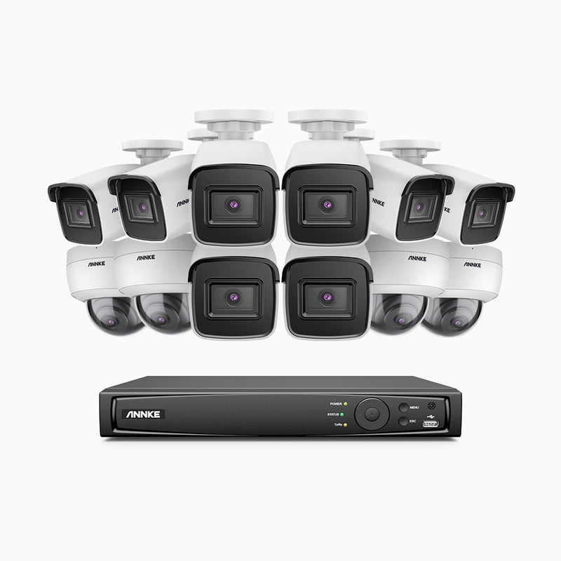 H800 - Kit de vigilancia PoE 4K con 8 cámaras bullet y 4 cámaras domo (antivándalica IK10) y videograbador NVR de 16 canales, detección de humanos y vehículos, micrófono integrado, visión nocturna EXIR 2.0, ángulo de visión 123º