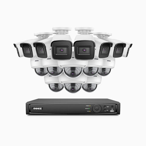 H800 - Kit de vigilancia PoE 4K con 8 cámaras bullet y 8 cámaras domo (antivándalica IK10) y videograbador NVR de 16 canales, Visión nocturna a color e infrarrojos, detección de humanos y vehículos, micrófono integrado, ángulo de visión 96º