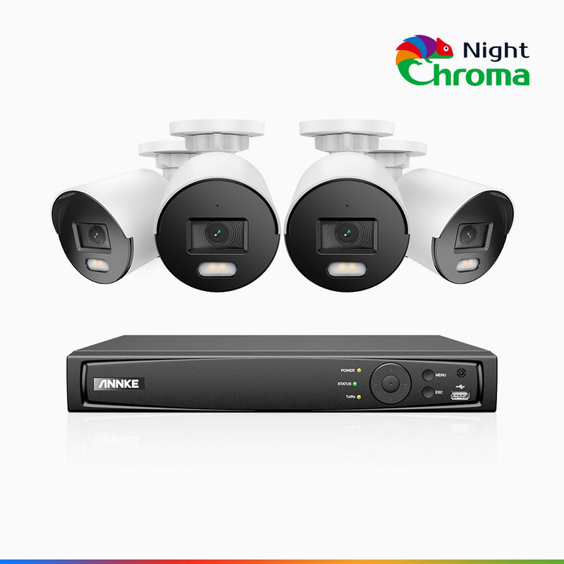 NightChroma<sup>TM</sup> NCK400 - Kit de 4 cámaras de vigilancia PoE de 4MP con videograbador NVR de 8 canales, visión nocturna a color Acme, f/1.0 Súper Apertura, Alineación Activa, micrófono integrado, tarjeta SD micro ranura
