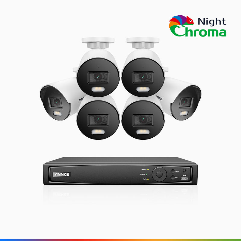 NightChroma<sup>TM</sup> NCK400 - Kit de 6 cámaras de vigilancia PoE de 4MP con videograbador NVR de 8 canales, visión nocturna a color Acme, f/1.0 Súper Apertura, Alineación Activa, micrófono integrado, tarjeta SD micro ranura