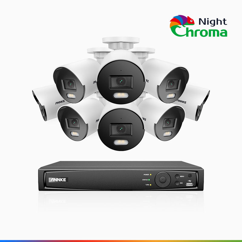 NightChroma<sup>TM</sup> NCK500 - Kit de 8 cámaras de vigilancia PoE de 3K con videograbador NVR de 8 canales, visión nocturna a color Acme, f/1.0 Súper Apertura, Alineación Activa, micrófono integrado, tarjeta SD micro ranura