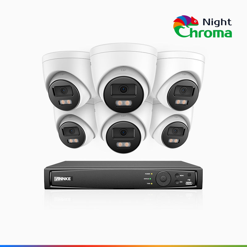 NightChroma<sup>TM</sup> NCK400 - Kit de 6 cámaras de vigilancia PoE de 4MP con videograbador NVR de 8 canales, visión nocturna a color Acme, f/1.0 Súper Apertura, Alineación Activa, micrófono integrado, tarjeta SD micro ranura