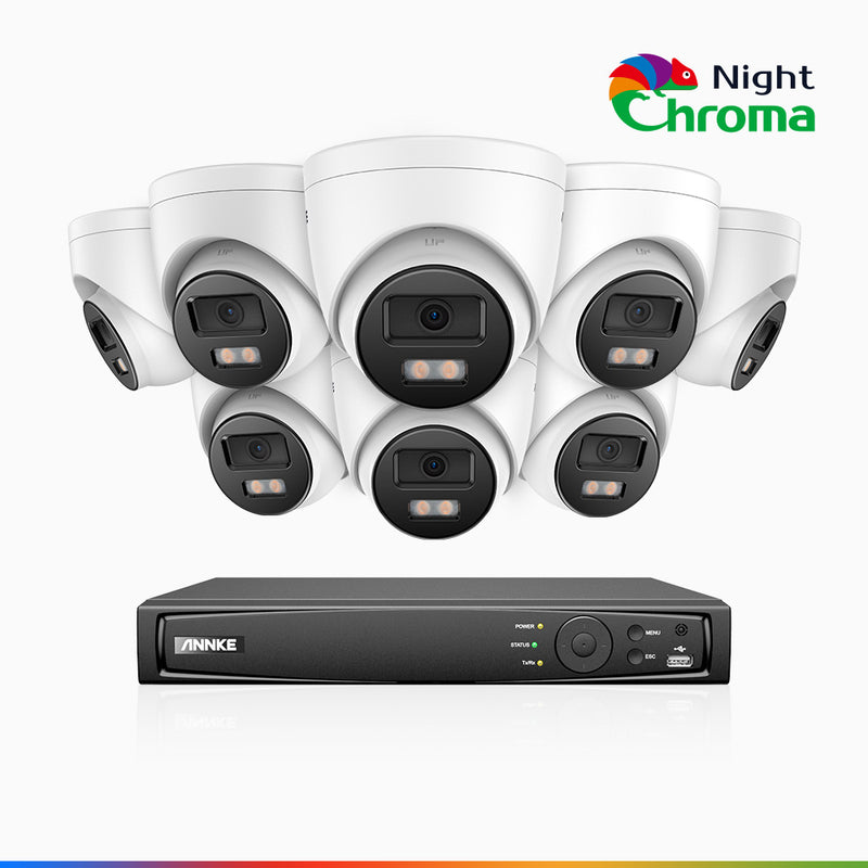 NightChroma<sup>TM</sup> NCK500 - Kit de 8 cámaras de vigilancia PoE de 3K con videograbador NVR de 8 canales, visión nocturna a color Acme, f/1.0 Súper Apertura, Alineación Activa, micrófono integrado, tarjeta SD micro ranura