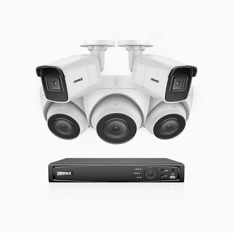 H800 - Kit de vigilancia PoE 4K con 2 cámaras bullet y 3 cámaras domo y videograbador NVR de 8 canales, detección de humanos y vehículos, micrófono integrado, visión nocturna EXIR 2.0, ángulo de visión 123º
