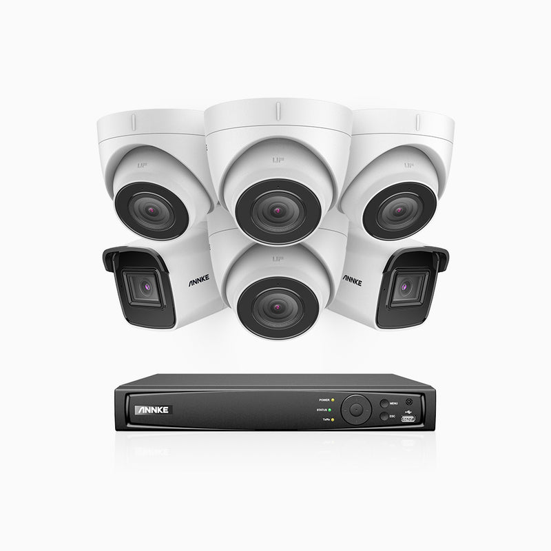 H800 - Kit de vigilancia PoE 4K con 2 cámaras bullet y 4 cámaras domo y videograbador NVR de 8 canales, detección de humanos y vehículos, micrófono integrado, visión nocturna EXIR 2.0, ángulo de visión 123º