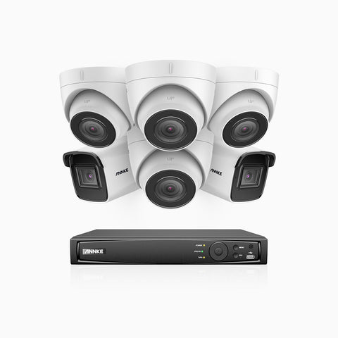 H800 - Kit de vigilancia PoE 4K con 2 cámaras bullet y 4 cámaras domo y videograbador NVR de 8 canales, Visión nocturna a color e infrarrojos, detección de humanos y vehículos, micrófono integrado, ángulo de visión 96º