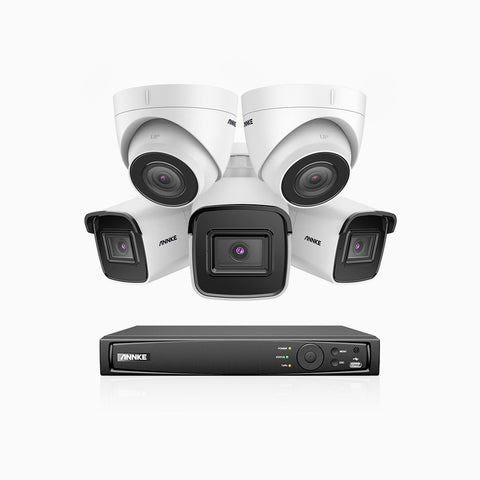 H800 - Kit de vigilancia PoE 4K con 3 cámaras bullet y 2 cámaras domo y videograbador NVR de 8 canales, Visión nocturna a color e infrarrojos, detección de humanos y vehículos, micrófono integrado, ángulo de visión 96º