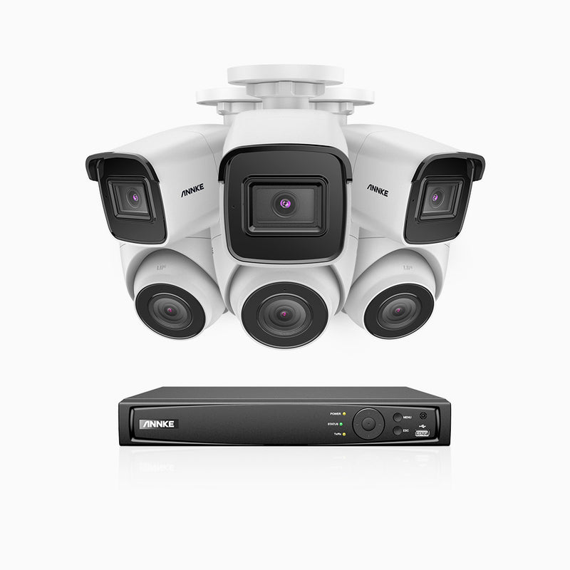 H800 - Kit de vigilancia PoE 4K con 3 cámaras bullet y 3 cámaras domo y videograbador NVR de 8 canales, detección de humanos y vehículos, micrófono integrado, visión nocturna EXIR 2.0, ángulo de visión 123º