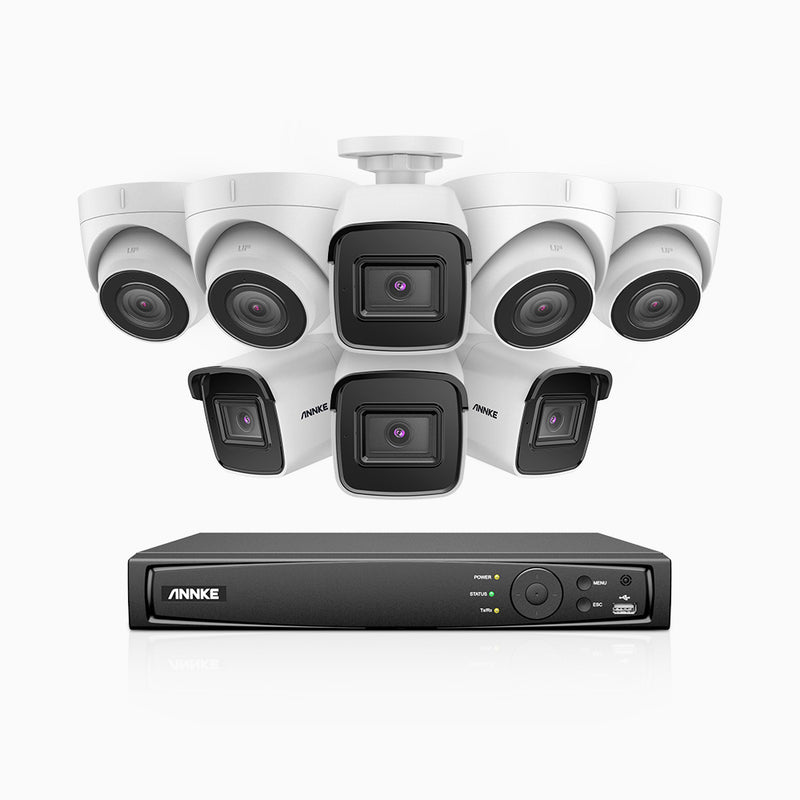 H800 - Kit de vigilancia PoE 4K con 4 cámaras bullet y 4 cámaras domo y videograbador NVR de 8 canales, detección de humanos y vehículos, micrófono integrado, visión nocturna EXIR 2.0, ángulo de visión 123º