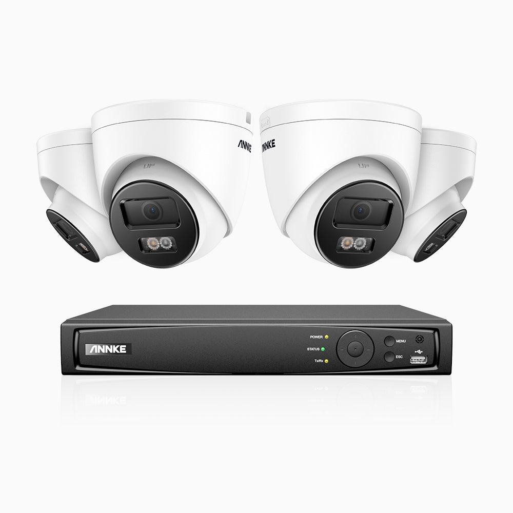 H1200 - Kit de 4 cámaras de vigilancia PoE exterior de 4K 12MP con grabador de 8 canales, EXIR Visión Nocturna, detección de humanos y vehículos, H.265+, micrófono incorporado, almacenamiento local máximo de 512 GB, IP67