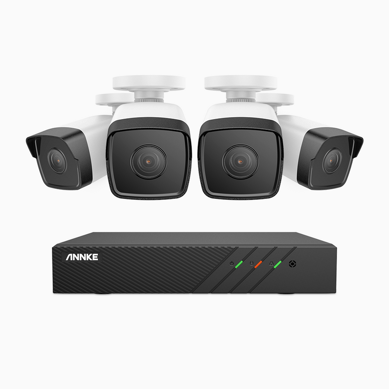 H500 - Kit de 4 cámaras de vigilancia PoE de 5MP con videograbador NVR de 8 canales, EXIR Visión Nocturna, micrófono integrado, compatibile con Alexa