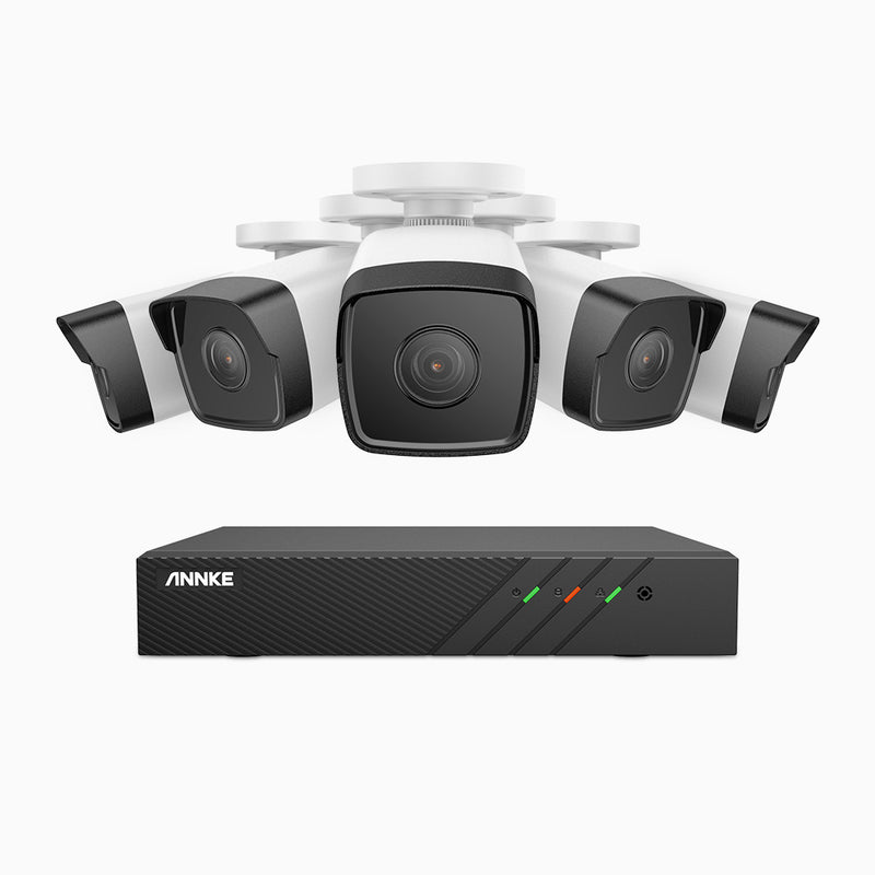 H500 - Kit de 5 cámaras de vigilancia PoE de 5MP con videograbador NVR de 8 canales, EXIR Visión Nocturna, micrófono integrado, compatibile con Alexa