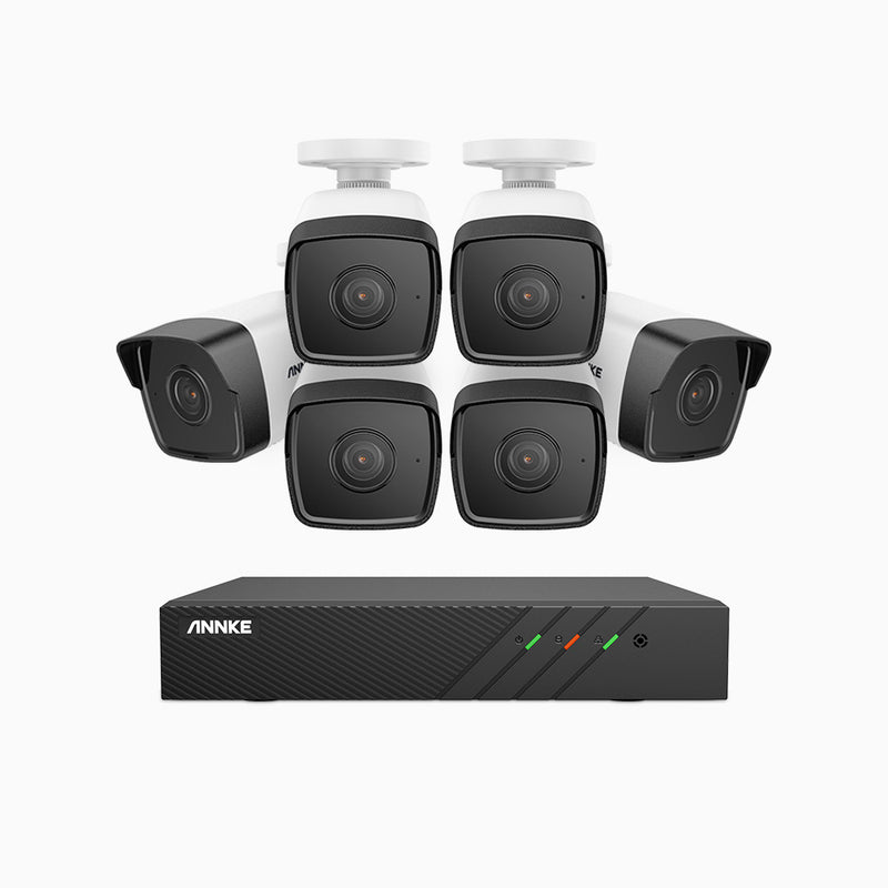 H500 - Kit de 6 cámaras de vigilancia PoE de 5MP con videograbador NVR de 8 canales, EXIR Visión Nocturna, micrófono integrado, compatibile con Alexa
