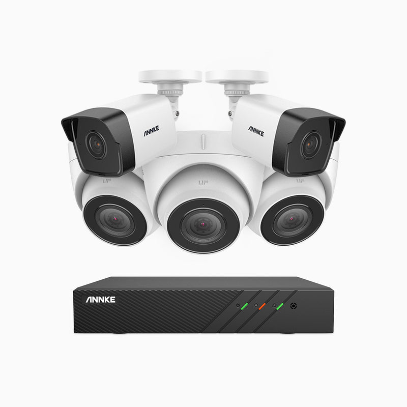 H500 - Kit de vigilancia PoE de 5MP con 2 cámaras bullet y 3 cámaras domo y videograbador NVR de 8 canales, EXIR Visión Nocturna, micrófono integrado, compatibile con Alexa