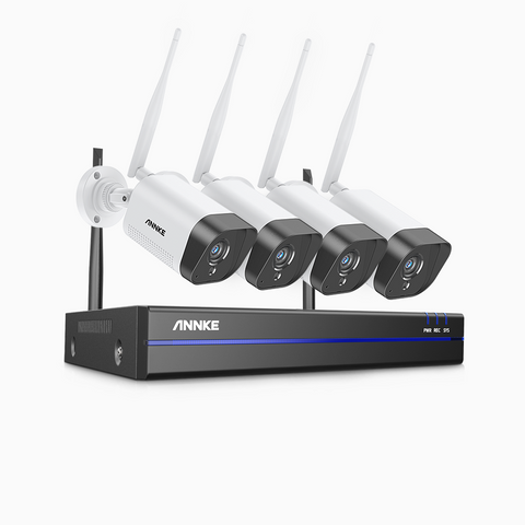 WS300 - Kit de 4 cámaras de vigilancia inalámbrico de 3MP con videograbador NVR de 8 canales, micrófono incorporado, reconocimiento humano, funciona con Alexa