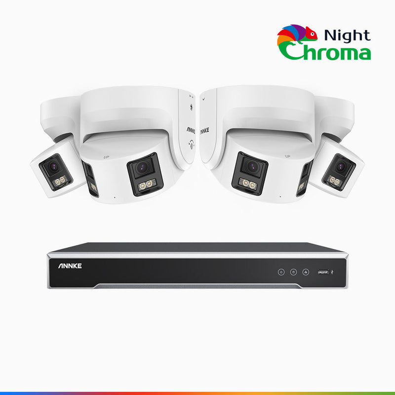 NightChroma<sup>TM</sup> NDK800 – Kit de 4 cámaras de vigilancia PoE de 4K con videograbador NVR de 8 canales, panorámica doble lente, visión nocturna en color, detección de humanos y vehículos, análisis de comportamiento inteligente