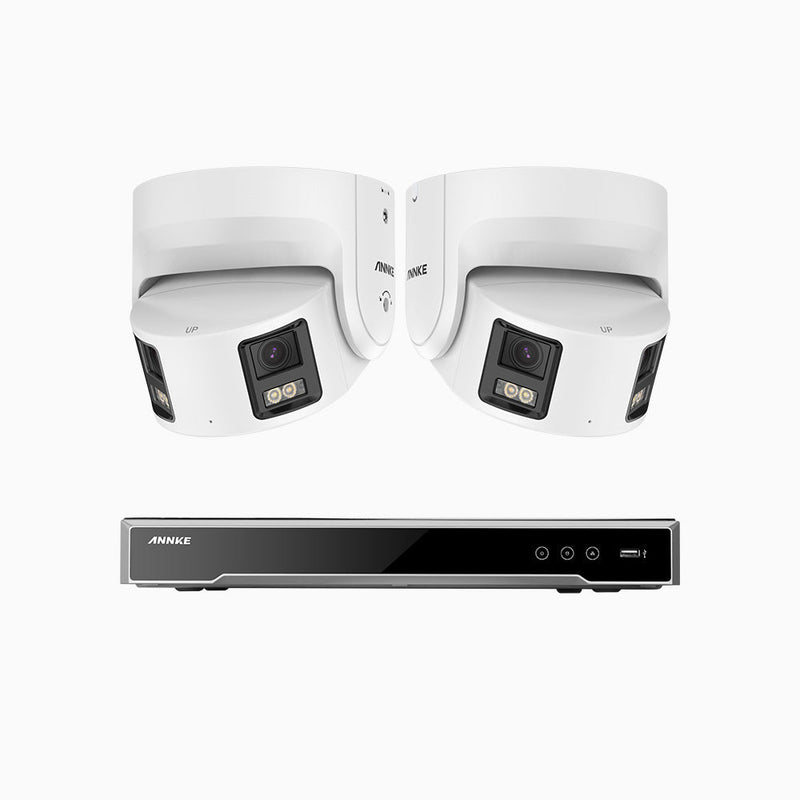 NightChroma<sup>TM</sup> NDK800 – Kit de 2 cámaras de vigilancia PoE de 4K con videograbador NVR de 8 canales, panorámica doble lente, visión nocturna en color, detección de humanos y vehículos, análisis de comportamiento inteligente