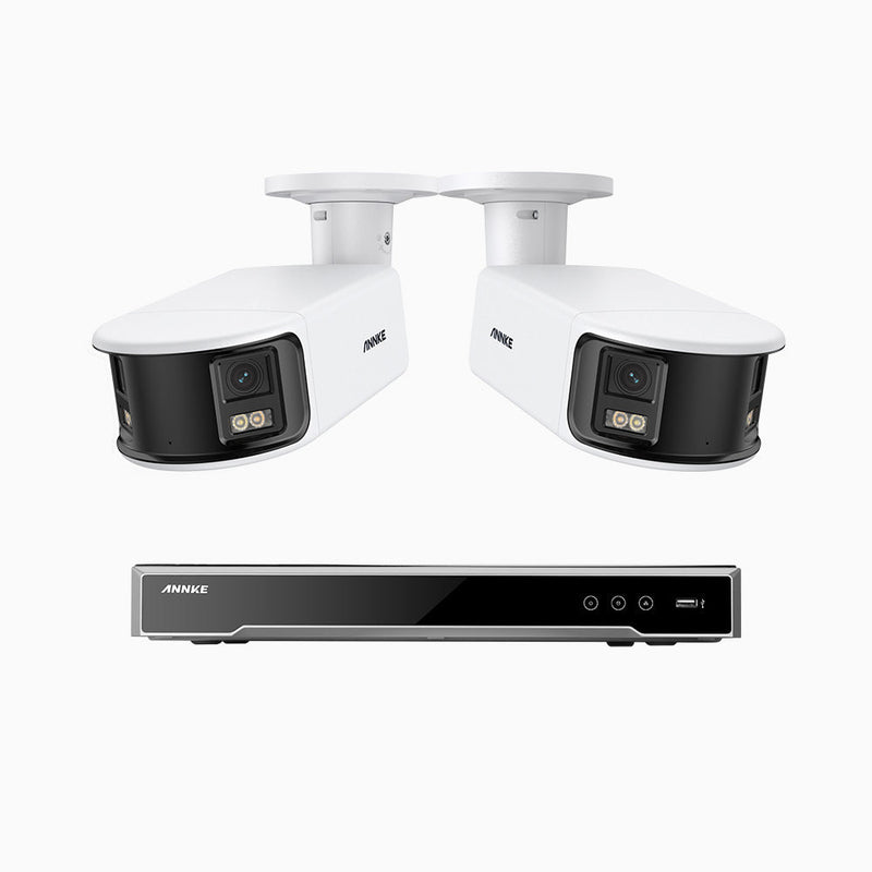 NightChroma<sup>TM</sup> NDK800 – Kit de 2 cámaras de vigilancia PoE de 4K con videograbador NVR de 8 canales, panorámica doble lente, visión nocturna en color, detección de humanos y vehículos, análisis de comportamiento inteligente