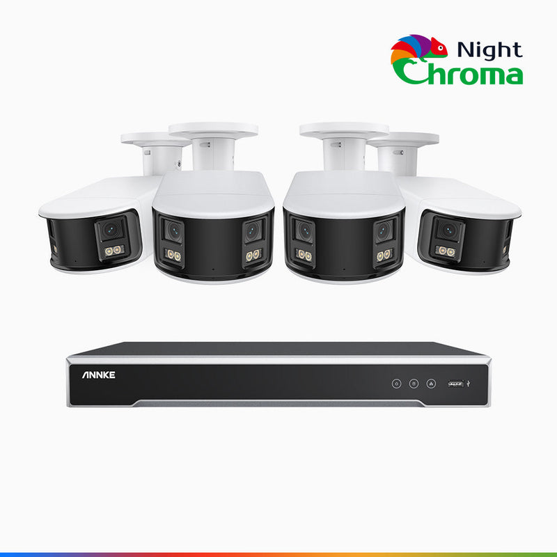 NightChroma<sup>TM</sup> NDK800 – Kit de 4 cámaras de vigilancia PoE de 4K con videograbador NVR de 8 canales, panorámica doble lente, visión nocturna en color, detección de humanos y vehículos, análisis de comportamiento inteligente