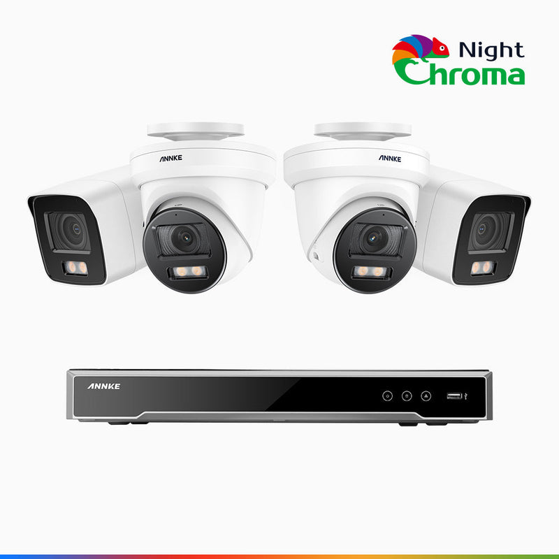NightChroma<sup>TM</sup> NCK800 – Kit de vigilancia PoE de 4K con 2 cámara bullet y 2 cámaras domo y videograbador NVR de 8 canales, color visión nocturna, capacidad de decodificación 4K en 2 canales, detección de personas y vehículos