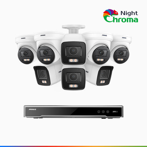 NightChroma<sup>TM</sup> NCK800 – Kit de vigilancia PoE de 4K con 4 cámara bullet y 4 cámaras domo y videograbador NVR de 8 canales, color visión nocturna, capacidad de decodificación 4K en 2 canales, detección de personas y vehículos