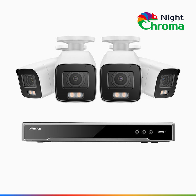NightChroma<sup>TM</sup> NCK800 - Kit de 4 cámaras de vigilancia PoE de 4K con videograbador NVR de 8 canales, color visión nocturna, capacidad de decodificación 4K en 2 canales, detección de personas y vehículos, análisis inteligente de comportamiento