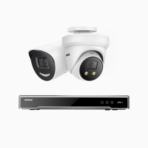 AH800 - Kit de vigilancia PoE de 4K con 1 cámara bullet y 1 cámaras domo y videograbador NVR de 8 canales, alarma de sirena y estroboscópica, audio bidireccional, detección de personas y vehículos, protección del perímetro, funciona con Alexa
