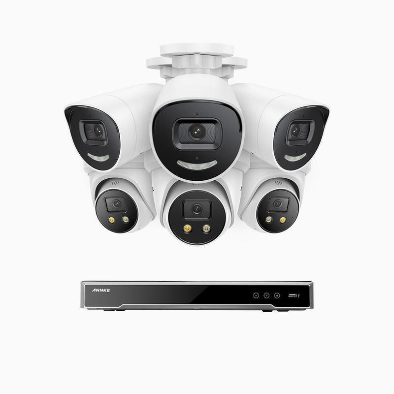AH800 - Kit de vigilancia PoE de 4K con 3 cámara bullet y 3 cámaras domo y videograbador NVR de 8 canales, alarma de sirena y estroboscópica, audio bidireccional, detección de personas y vehículos, protección del perímetro, funciona con Alexa