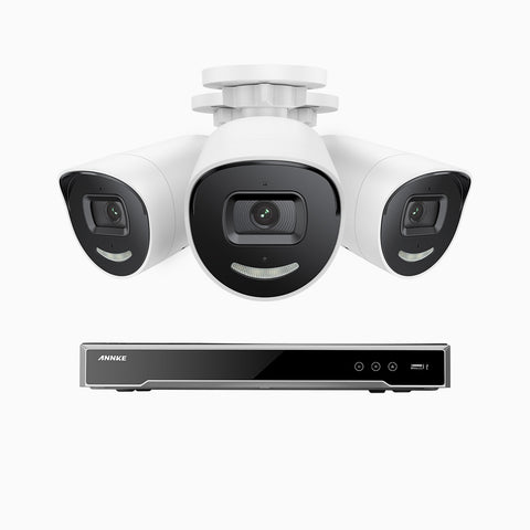AH800 - Kit de 3 cámaras de vigilancia PoE de 4K con videograbador NVR de 8 canales, apertura f/1,6 (0,003 Lux), alarma de sirena y estroboscópica, audio bidireccional, detección de personas y vehículos, protección del perímetro, funciona con Alexa