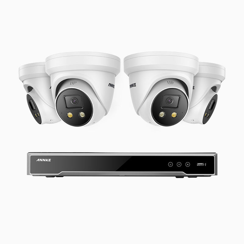 AH800 - Kit de 4 cámaras de vigilancia PoE de 4K con videograbador NVR de 8 canales, apertura f/1,6 (0,003 Lux), alarma de sirena y estroboscópica, audio bidireccional, detección de personas y vehículos, protección del perímetro, funciona con Alexa