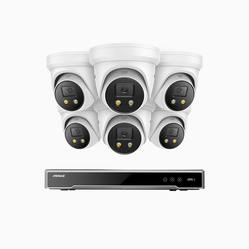 AH800 - Kit de 6 cámaras de vigilancia PoE de 4K con videograbador NVR de 8 canales, apertura f/1,6 (0,003 Lux), alarma de sirena y estroboscópica, audio bidireccional, detección de personas y vehículos, protección del perímetro, funciona con Alexa