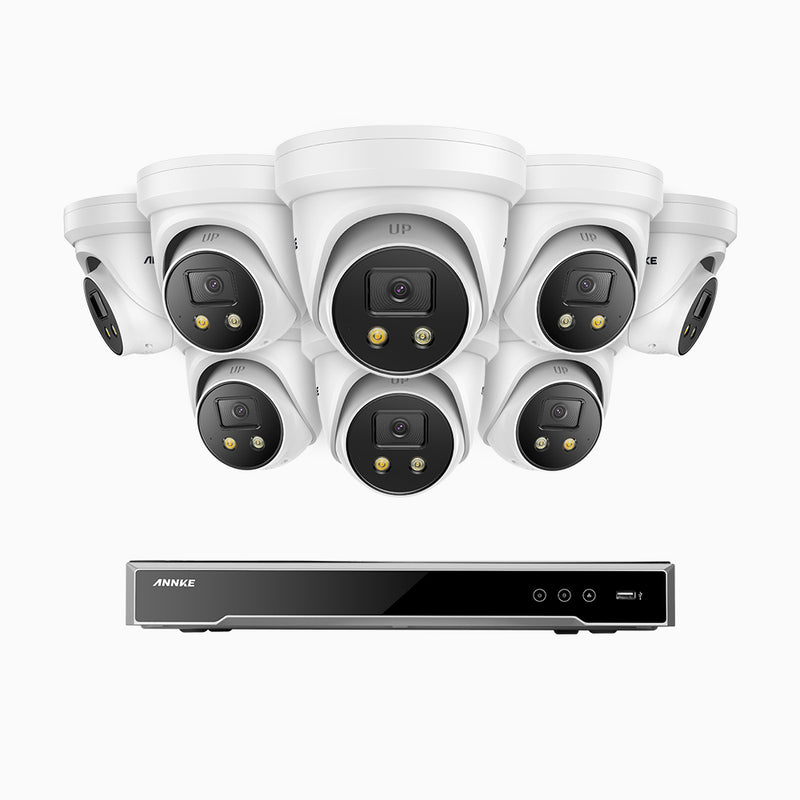 AH800 - Kit de 8 cámaras de vigilancia PoE de 4K con videograbador NVR de 8 canales, apertura f/1,6 (0,003 Lux), alarma de sirena y estroboscópica, audio bidireccional, detección de personas y vehículos, protección del perímetro, funciona con Alexa