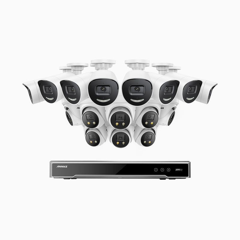 AH800 - Kit de vigilancia PoE de 4K con 8 cámara bullet y 8 cámaras domo y videograbador NVR de 16 canales, alarma de sirena y estroboscópica, audio bidireccional, detección de personas y vehículos, protección del perímetro, funciona con Alexa