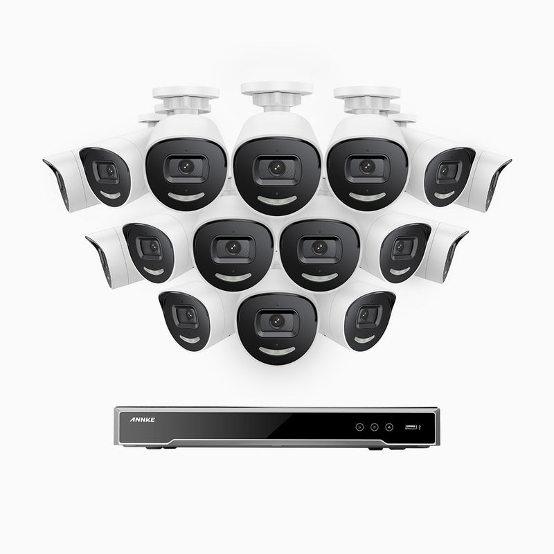 AH800 - Kit de 16 cámaras de vigilancia PoE de 4K con videograbador NVR de 16 canales, apertura f/1,6 (0,003 Lux), alarma de sirena y estroboscópica, audio bidireccional, detección de personas y vehículos, protección del perímetro, funciona con Alexa