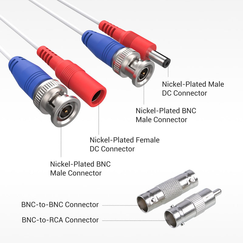 Paquete de 4 cables de alimentación de vídeo BNC todo en uno 100 % certificados por UL de 30 m/100 pies resistentes al fuego